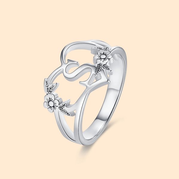 Gepersonaliseerde Initiële Sterling Zilveren Ring met Hart en Bloem Ontwerp Verjaardag Valentijnsdag Cadeau voor Vrouwen