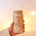 Personalized Wedding Bridesmaid Glass Tumbler 20oz Bohemia Iced Coffee Cup with Lid Straw Bachelorette Party Bridal Party Proposal Gift
