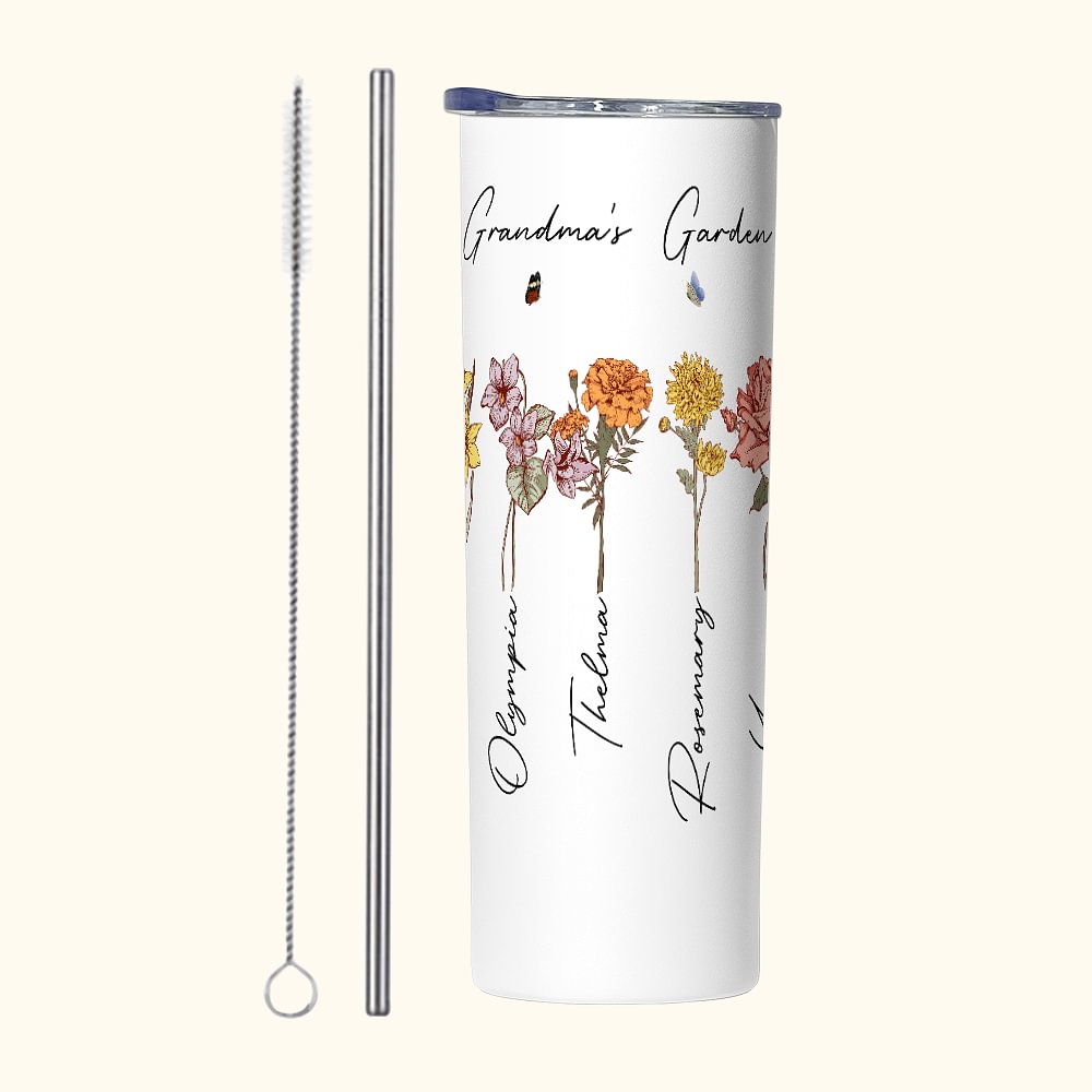 Gobelet Isotherme Personnalisé avec 1-8 Noms et Fleurs de Naissance Couvercle Étanche et Paille Cadeau Anniversaire Fête des Mères pour Femme