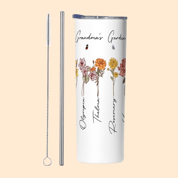 Personalisierte Geburt Blume Skinny Doppelwand isoliert 20oz Becher mit Strohhalm und Deckel Oma Geschenk Mutter Geschenk Geburtstagsgeschenk