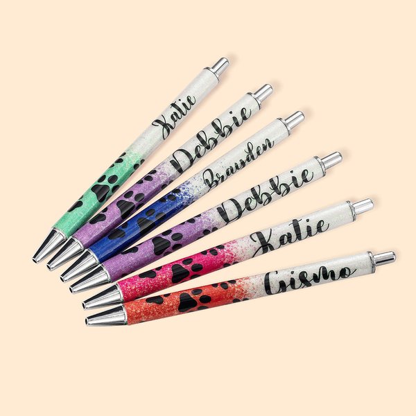 Personalized Paw Print and Name Refillable Epoxy Glitter Ballpoint Pen for Pet Lover Vet Office School Supplies