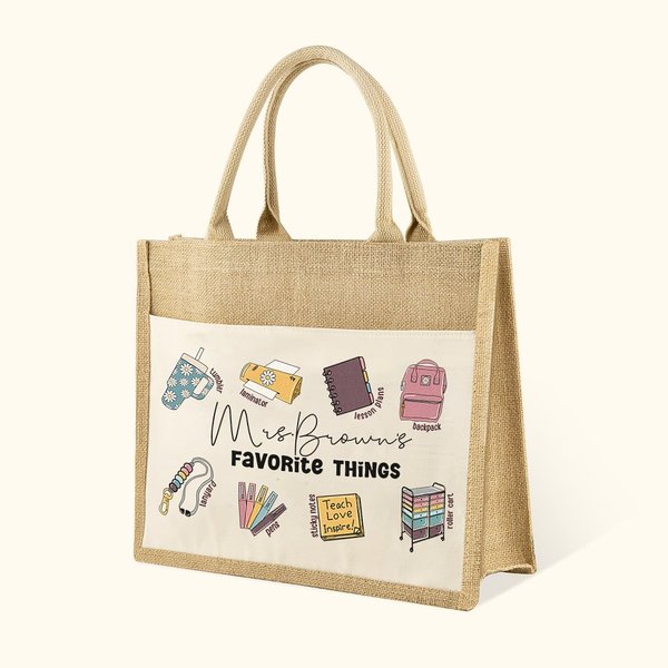 Bolsa de yute personalizada Cosas favoritas del profesor Bolsa de asas retro en agradecimiento al profesor Regalo de fin de curso Regalo de vuelta al 