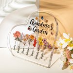 Acrylique en Forme de Cœur Plaque Personnalisée avec 1-16 Fleurs de Naissance et Noms Cadeau Anniversaire Fête Souvenir pour Grand-Mère Famille