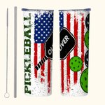 Personalisierte lustige Pickleball Becher amerikanische Flagge Element 20oz Skinny Becher mit Strohhalm Reinigungsbürste Sport Lover Geschenk Geburtst