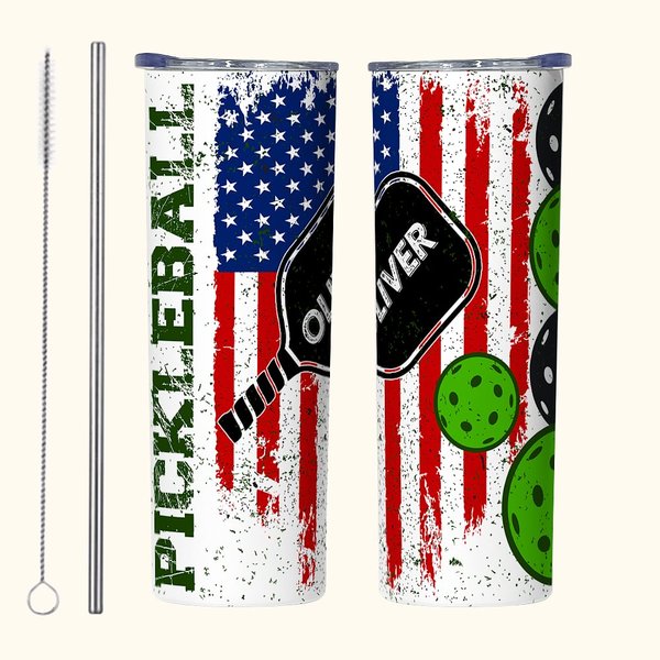 Personalisierte lustige Pickleball Becher amerikanische Flagge Element 20oz Skinny Becher mit Strohhalm Reinigungsbürste Sport Lover Geschenk Geburtst