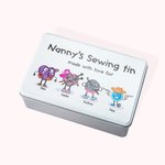 Personalised Sewing Kit Storage Tin with Sewing Cartoon Character
