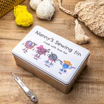 Personalised Sewing Kit Storage Tin with Sewing Cartoon Character