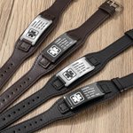 Personalised Adjustable Leather Emergency Medical Alert Bracelet with Engraved Text Gift for Man or Woman