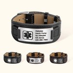Personalised Adjustable Leather Emergency Medical Alert Bracelet with Engraved Text Gift for Man or Woman
