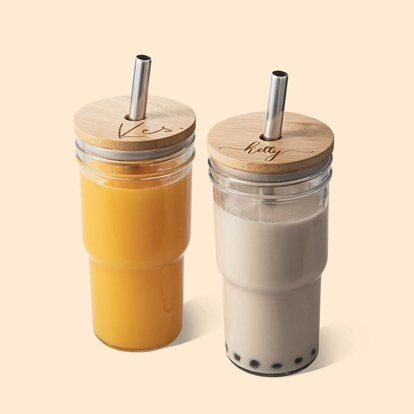 Set personalizado de 2 vasos de vidrio de calidad alimentaria Marson Jar Drinking Glasses con tapa de bambú y pajita de acero inoxidable Regalo para a