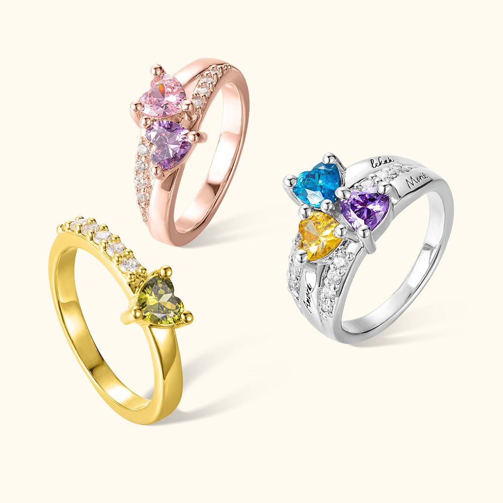 Bague en argent sterling personnalisée avec 1 à 3 pierres de naissance et nom gravé - Cadeau Saint-Valentin Fête des Mères pour femmes