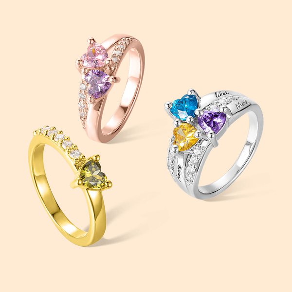 Gepersonaliseerde Hart Geboortesteen Ring met Naam Ring voor Vrouwen Huwelijk Verjaardag Moederdag Gift Family Keepsake