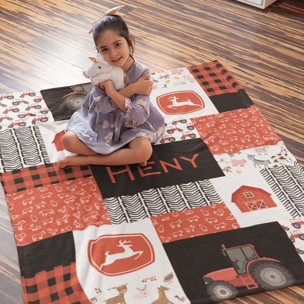 Couverture de Pouponnière Personnalisée avec Nom de Bébé Design Tracteur Agricole Cadeau d'Anniversaire Baby Shower Noël pour Enfant