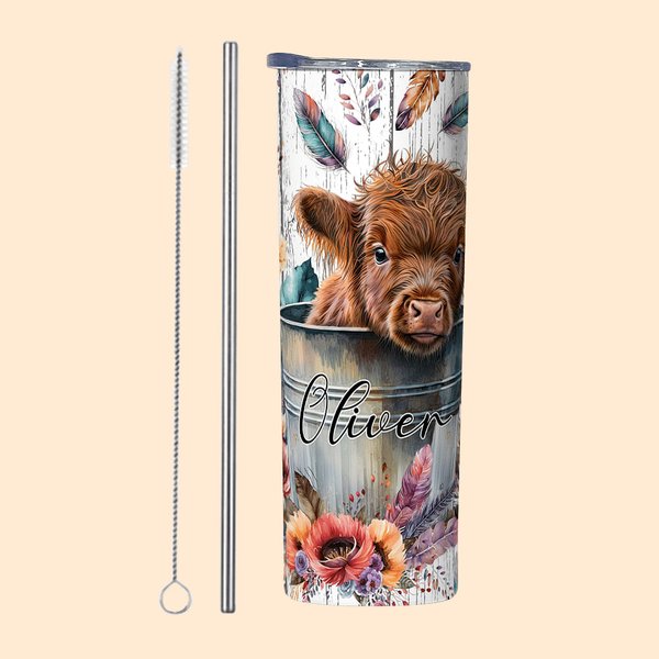 Personalizzato Baby Highland Cow In A Bucket 20 oz in acciaio inox Skinny Tumbler con coperchio e cannuccia per gli amanti della mucca regalo