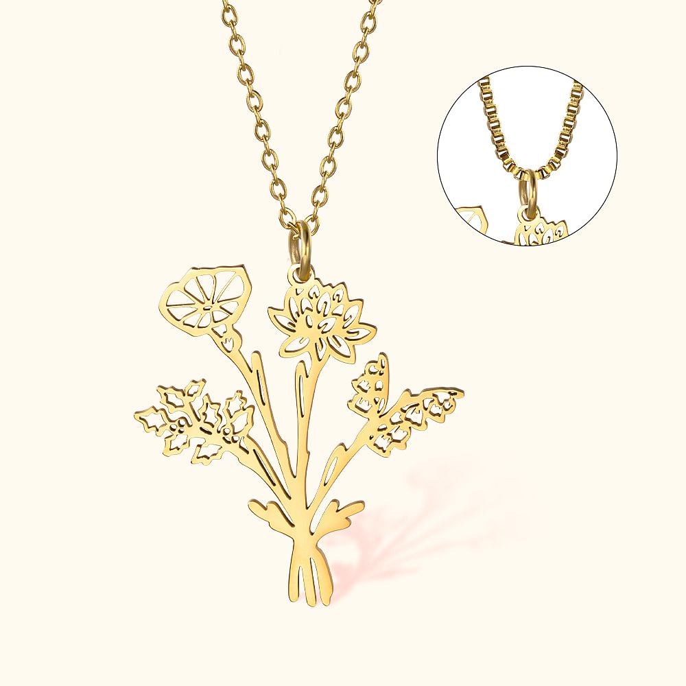 Collana personalizzata di famiglia con bouquet di fiori di nascita per la mamma, la nonna, l'amica del cuore, il compleanno e la festa della mamma.