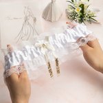 Personalized Something Blue Elasticity Pearl Lace Bowknot Garter with Name and Date Wedding Gift for the Bride