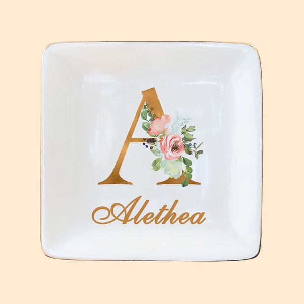 Bandeja Organizadora Personalizada para Anillos con Nombre e Inicial Floral Boda Compromiso Cumpleaños Día de la Madre Regalo para Novia Amiga