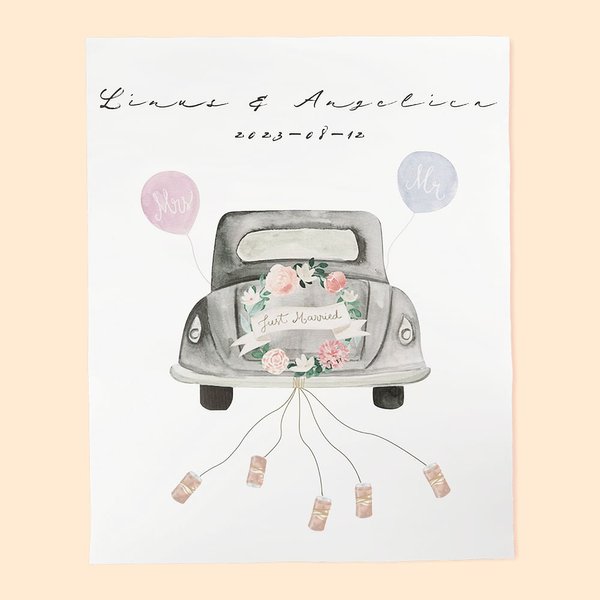 Personalisierte Hochzeit Poster mit Just Married Geld Auto Design Home Dekoration Bargeld Geschenk für Flitterwochen Paar Newlyweds