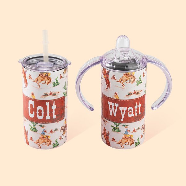 Taza para sorber personalizada de acero inoxidable de 12 onzas, a prueba de derrames, estilo vaquero occidental, para regalar a niños pequeños