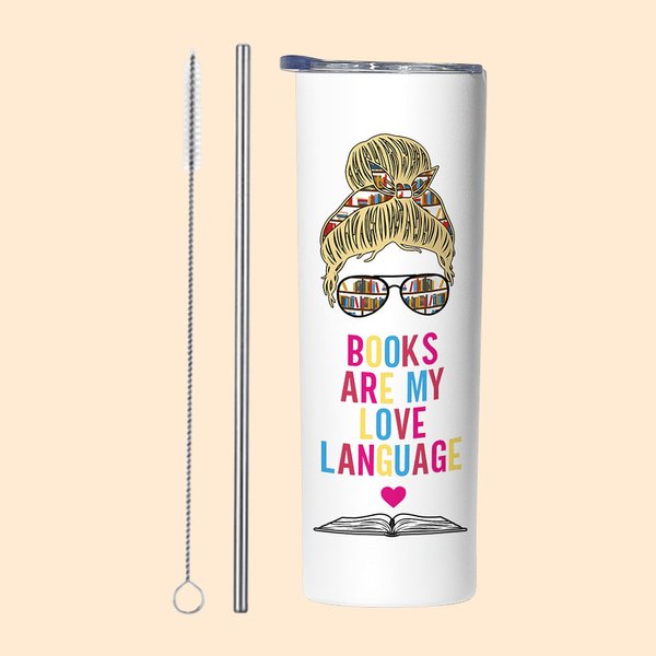 Henkilökohtainen Kirjat ovat rakkauteni kieli 20oz ruostumattomasta teräksestä Skinny Tumbler for Book Lover Reader Booktrovert Opettajan päivä Kirjan päivä lahja