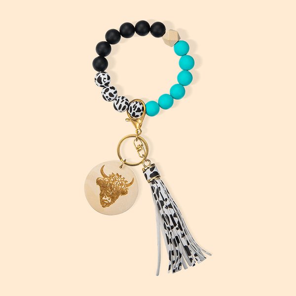 Bracelet personnalisé avec impression vache Porte-clés Highland Cow avec nom Bracelet en silicone avec perles pour femmes filles