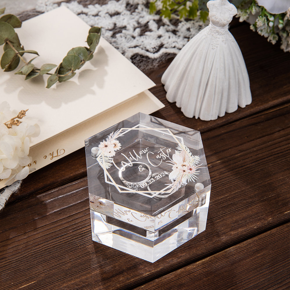 CALLIE Personalized Hexagon Wedding Ring Box - Glass Case With Moss Decor For Proposal, Engagement, Wedding Gift
