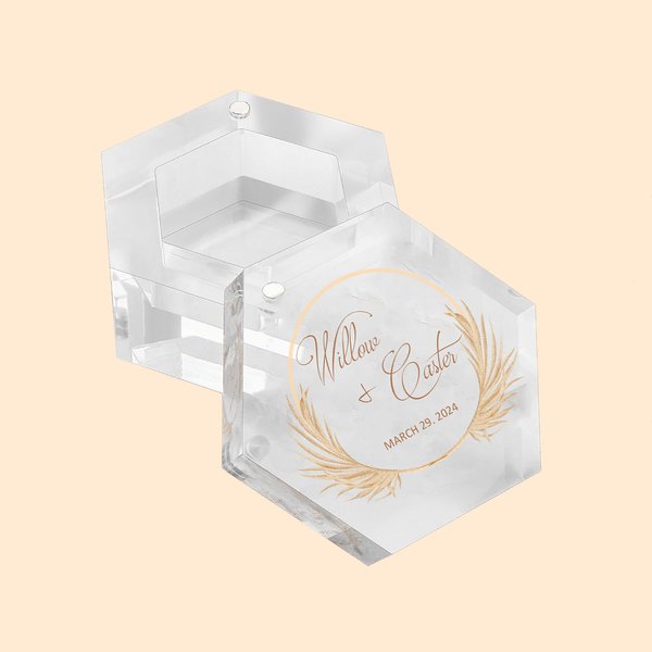 Personalized Boho Wedding Ring Box Hexagon Ring Box with Magnet Acrylic Jewelry Storage Gift for Wedding Engagement Proposal Idea