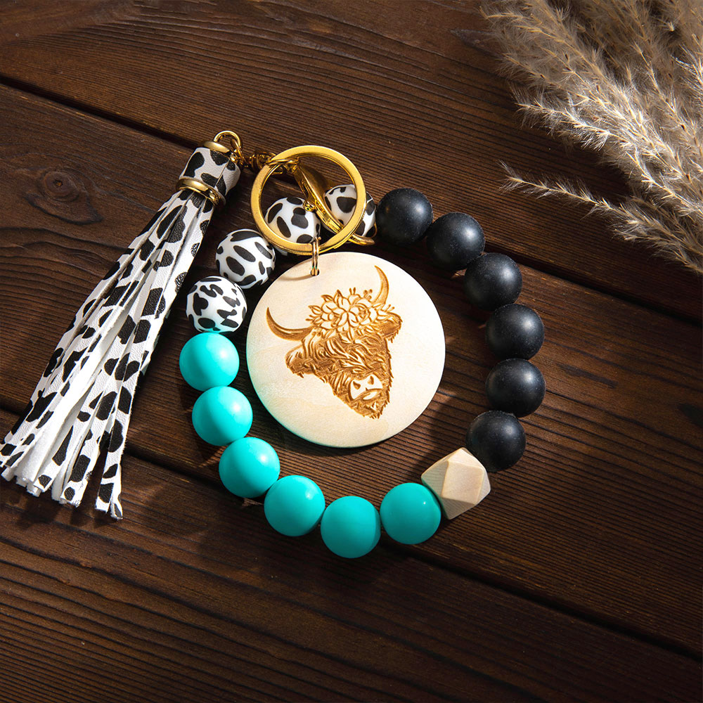 Highland Cow Wristlet Keychain Cattle Elk Silicone Beaded Tassel Keyring Holder Wrist Lanyard For Backpack