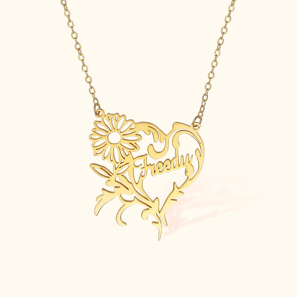 Collier Personnalisé avec Prénom et Fleur de Naissance Pendentif en Forme de Cœur Cadeau Fête des Mères Cérémonie de Mariage pour Femme