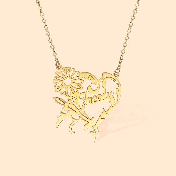 Birth Flower Heart Necklace with Name - Floral Jewelry