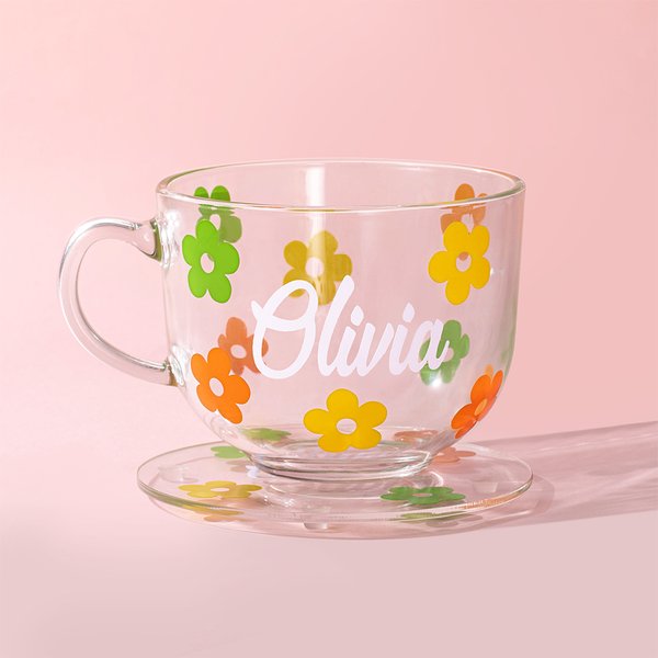 Personalised Flower Glass Coffee Cup Set with Name Office Decoration Birthday Christmas Gift for Girl Friend
