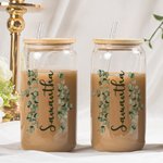 Personalised Eucalyptus Glass Cup 20oz with Bamboo Lid Reusable Straw for Bachelor Party Wedding Bridesmaid Gift