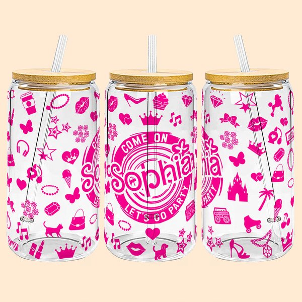 Personalized 20oz Hot Pink Fashion Girl Glass Tumbler with Lid and Straw Birthday Christmas Gift for Kid or Wedding Gift for Bachelorette Party