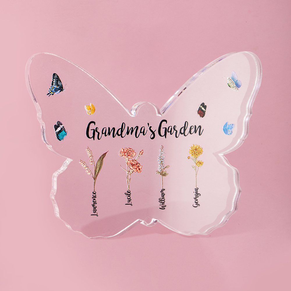 Plaque Acrylique Personnalisée avec 1-12 Fleurs de Naissance et Noms Ornement en Forme de Papillion Cadeau Familial pour Mère Grand-Mère