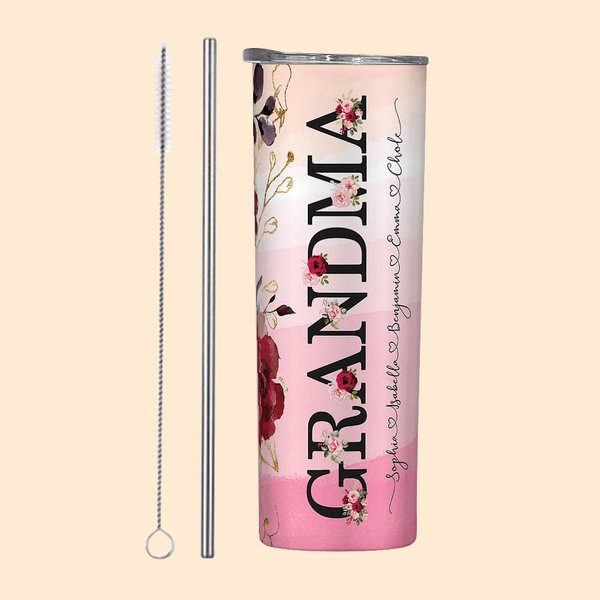 Gobelet à Fleurs Bourgogne Personnalisé avec Nom Bouteille Étanche avec Paille et Brosse Cadeau pour Mère Femme Grand-Mère