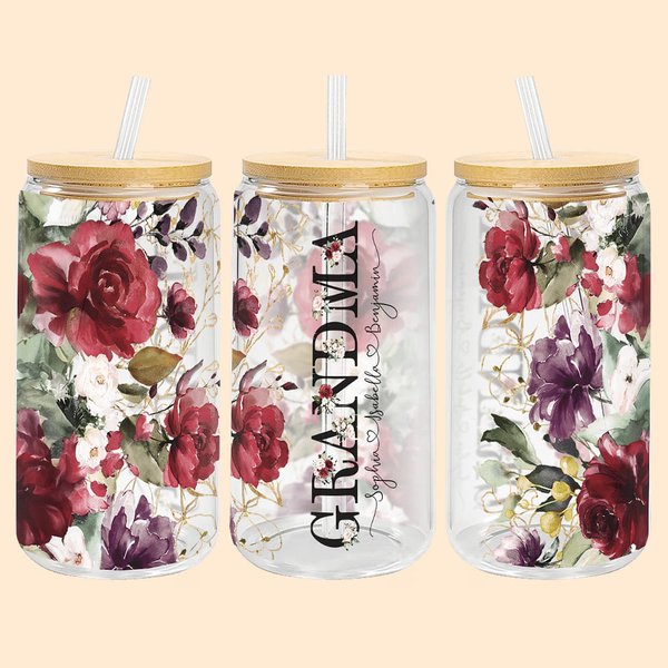 Bouteille en Verre Personnalisée avec Nom Tasse à Café Glacé avec Couvercle en Bambou et Paille Cadeau d'Anniversaire pour Maman et Grand-mère