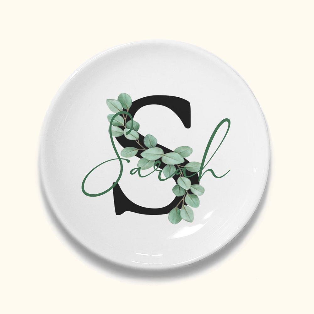 Vassoio per anelli nuziali personalizzato in stile eucalipto Vassoio per anelli di fidanzamento Vassoio per gioielli con iniziali e nome Regalo per da