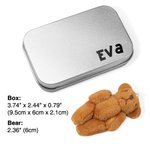 Personlig uppstoppad björn som ligger i en plåtlåda Bekymrad docka för födelsedagspresent mot ångest för barn