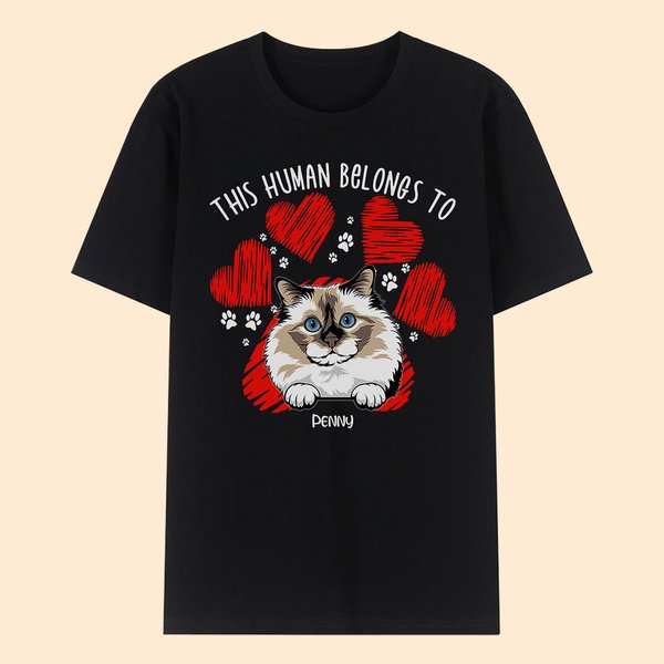 Personalized This Human Belongs To Pet T-shirt Paw Print Short Sleeve T-Shirt Birthday Gift for Dog Cat Lover Pet Owner