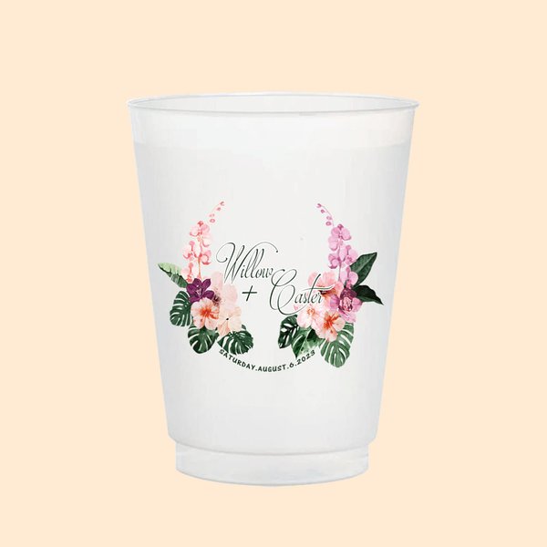 Ensemble de 10-100 Gobelets Dépolis Recyclables Ensemble Personnalisé avec Texte Style Hawaïen à Motif des Fleurs Cadeau pour Cérémonie de Mariage