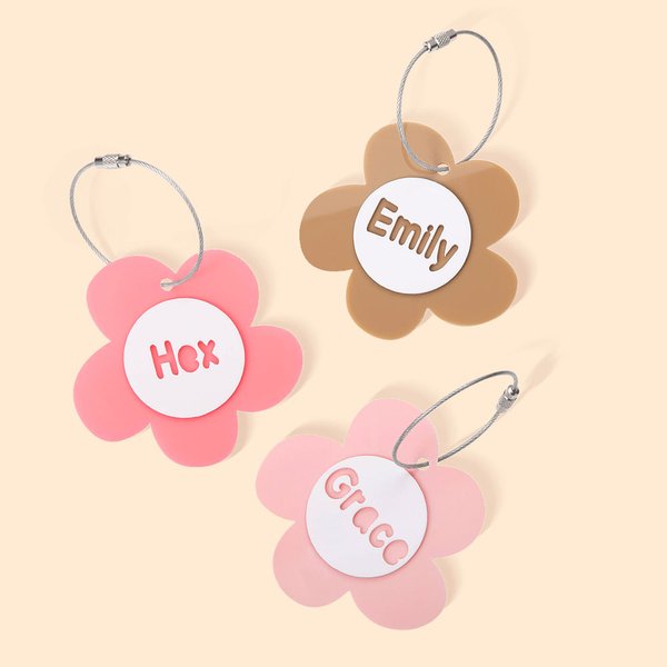 Etiquette de sac en acrylique 3D marguerite personnalisée Sac à dos Sac à déjeuner Siège auto pour enfants avec nom Cadeau de Noël Cadeau d'école Cade