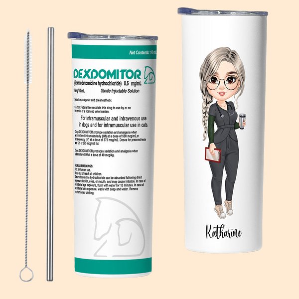Bicchiere personalizzato Dexdomitor Prescription 20 oz Skinny Tumbler Veterinario con cannuccia Regalo di laurea per studenti della settimana dell'inf