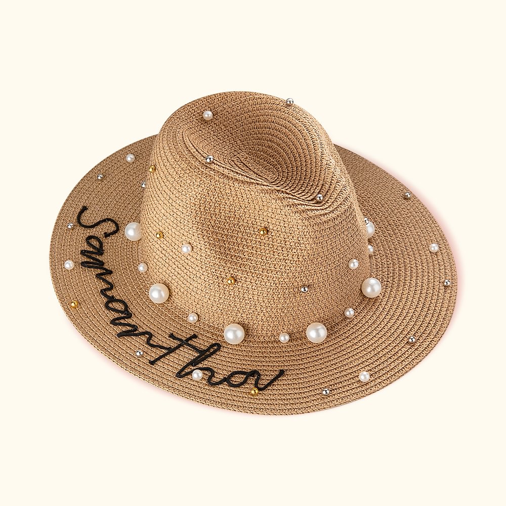 Chapeau de Plage Personnalisé avec Nom Brodé Chapeau de Soleil en Denim Orné de Perles Cadeau Mariage Voyage pour Demoiselle d'Honneur Femme