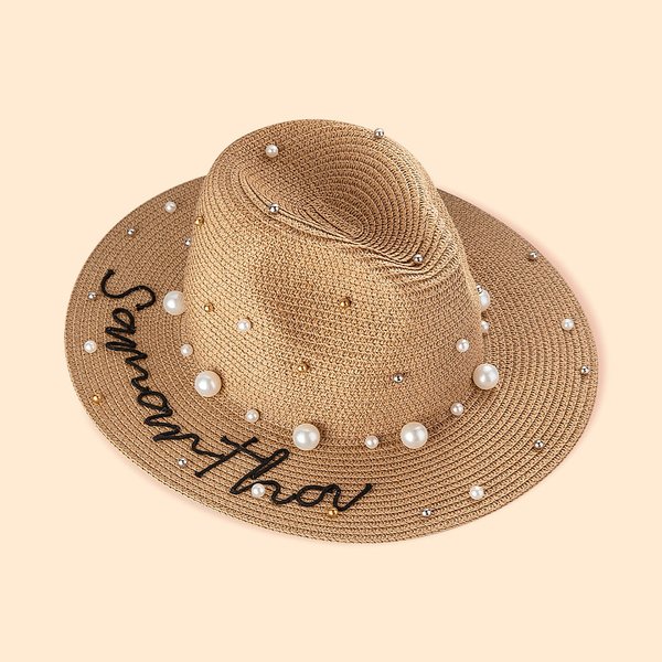 Personalized Handmade Rope Embroidery Beach Hat Denim Sun Hat with Pearls and Name Wedding Party Gift for Her