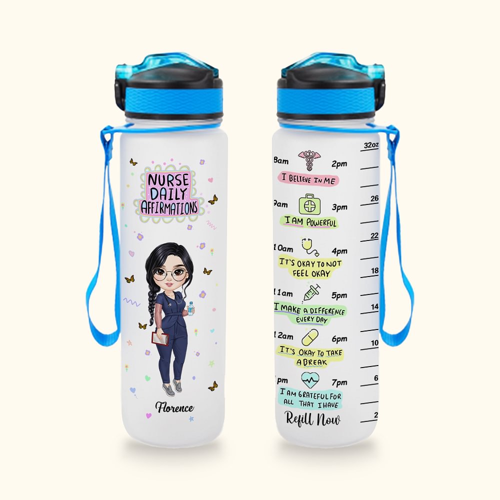 Bouteille d'eau personnalisée Infirmière Affirmations quotidiennes Design ligne d'échelle Bouteille de suivi de l'eau Accessoire pour diplômés en méde