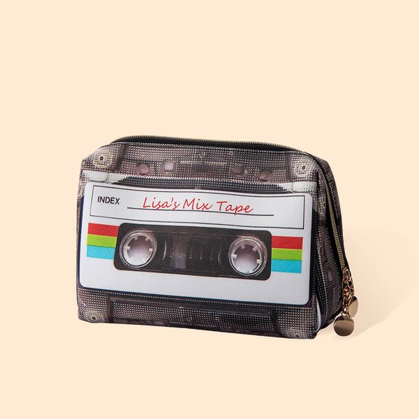 Trousse de Maquillage en PVC Personnalisée avec Texte Style Rétro de Cassette Cadeau Anniversaire Voyage pour Amoureux de Musique