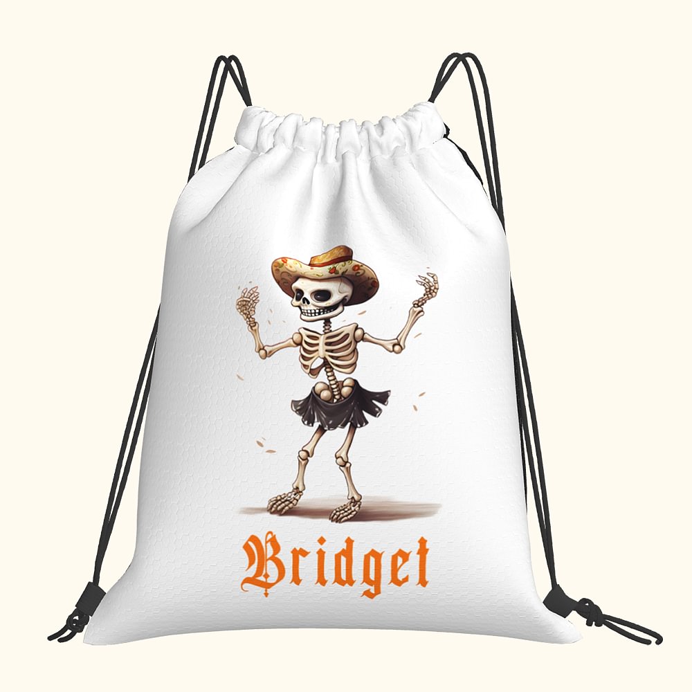 Sac à Cordon de Serrage Personnalisé avec Nom Design Squelette Dansant Sac à Dos pour Bonbons Cadeau d'Halloween pour les Enfants