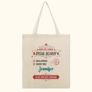 Personlig spesiallevering fra julenissen Håndveske Retro Name Canvas Bag Gjenbrukbar handlepose Julefest Favor Favor Supplies Secret Santa Gift Idea