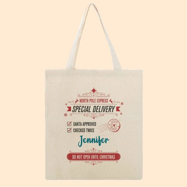Entrega especial personalizada de Santa Claus Bolso de lona con nombre retro Bolsa de la compra reutilizable Favor de fiesta de Navidad Idea de regalo