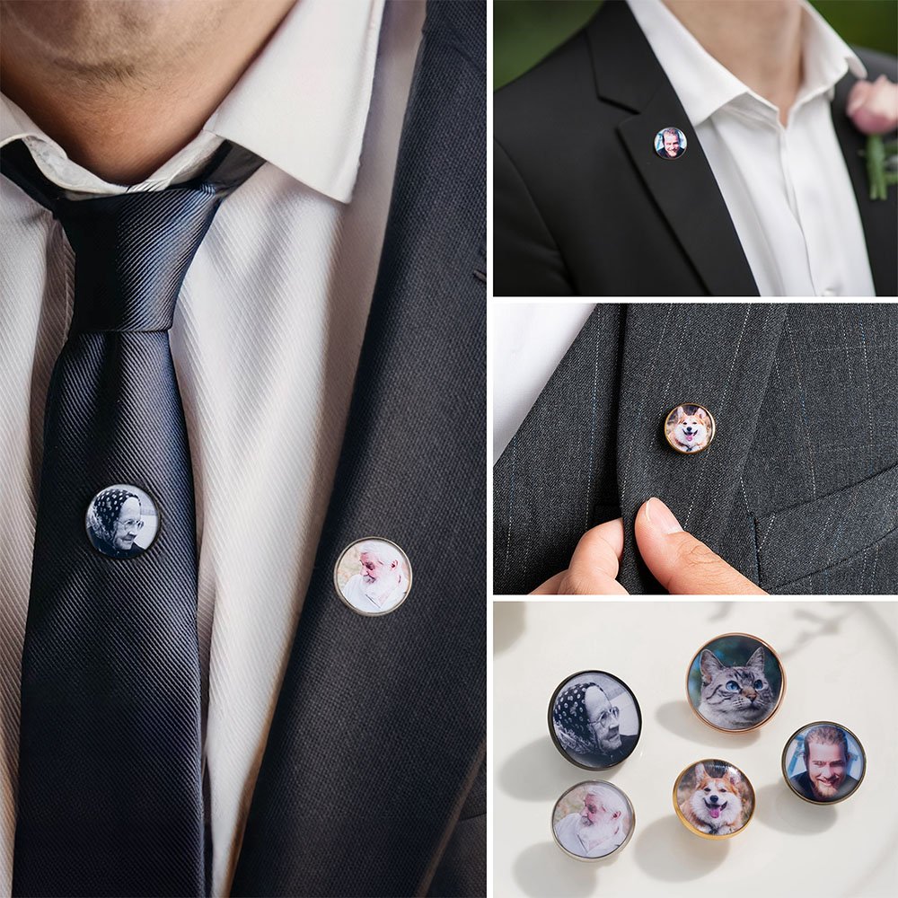 Custom Photo Wedding Lapel Pin With 2 Picture Charms And 1 Text Charm - Decorative Picture Boutonniere - Personalized Bridal Bouquet Charm